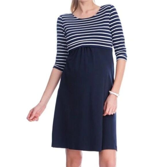 Seraphine Women's Navy Stripe 3/4 Sleeve Nautical Simone Dress Maternity Sz 14 - Picture 1 of 9
